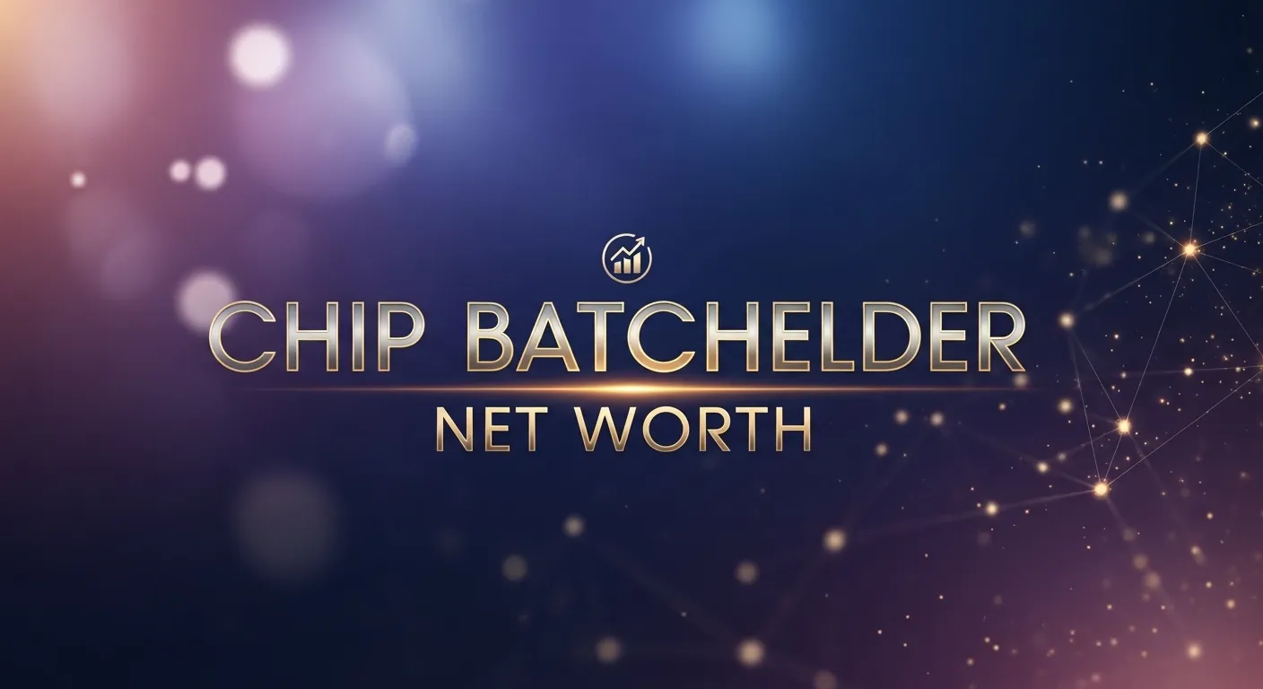 Chip Batchelder Net Worth displayed with a growth chart icon on a gradient purple-blue background with network design.