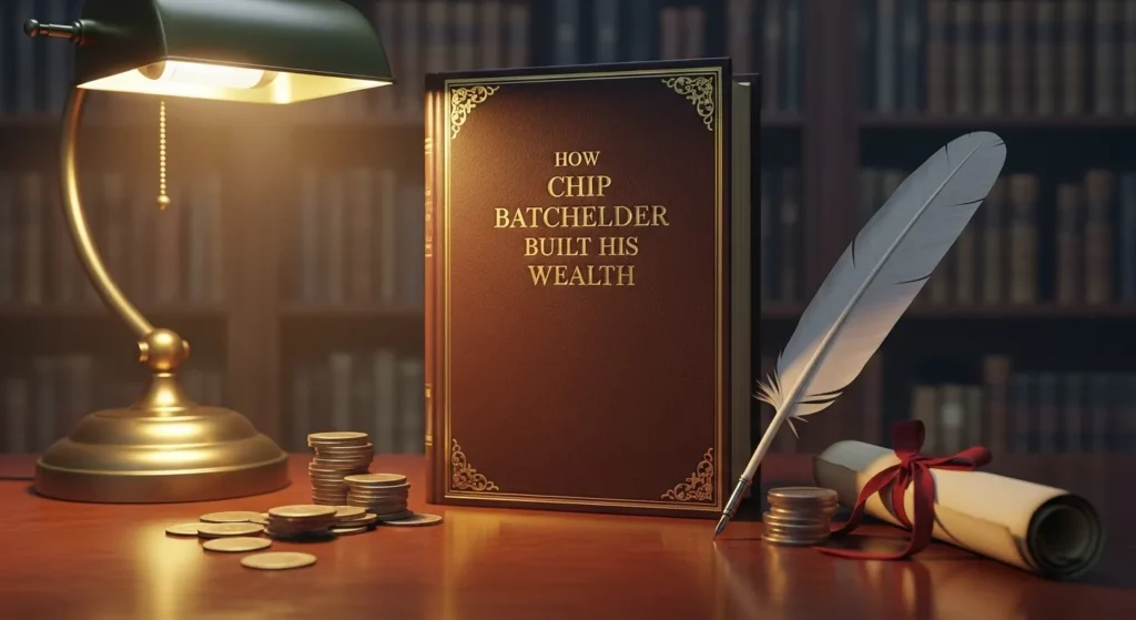 "Chip Batchelder Net Worth book with luxury desk setup showing coins, gold lamp, feather quill and certificate"