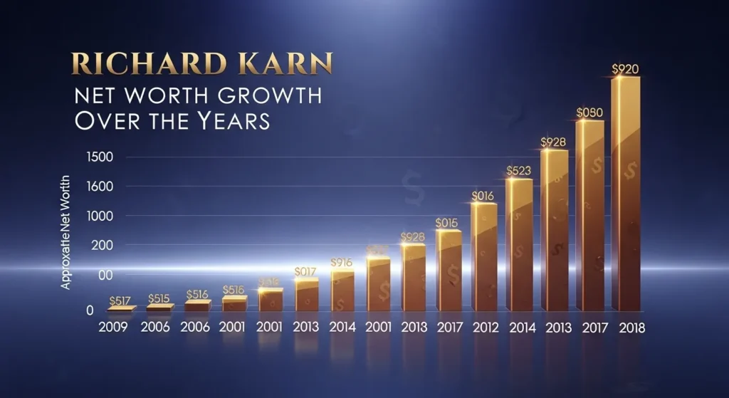 Richard Karn Net Worth Growth Over The Years: a golden bar chart showing financial progression from 2009 to 2018.
